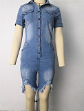 Short Sleeve Ripped Holes Button Denim Rompers RS-3023-02