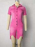 Short Sleeve Ripped Holes Button Denim Rompers RS-3023-02