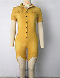 Short Sleeve Ripped Holes Button Denim Rompers RS-3023-02