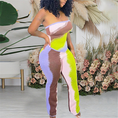 Tie Dye Striped Strapless Crop Tops Full Pants Suit BER-8137