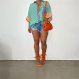 Stripe Patchwork Half Sleeve Loose Buttons Shirt ASL-6580