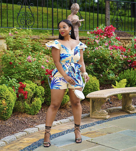 Floral Print Sleeveless V-Neck Romper with Waist Belt OY-6356