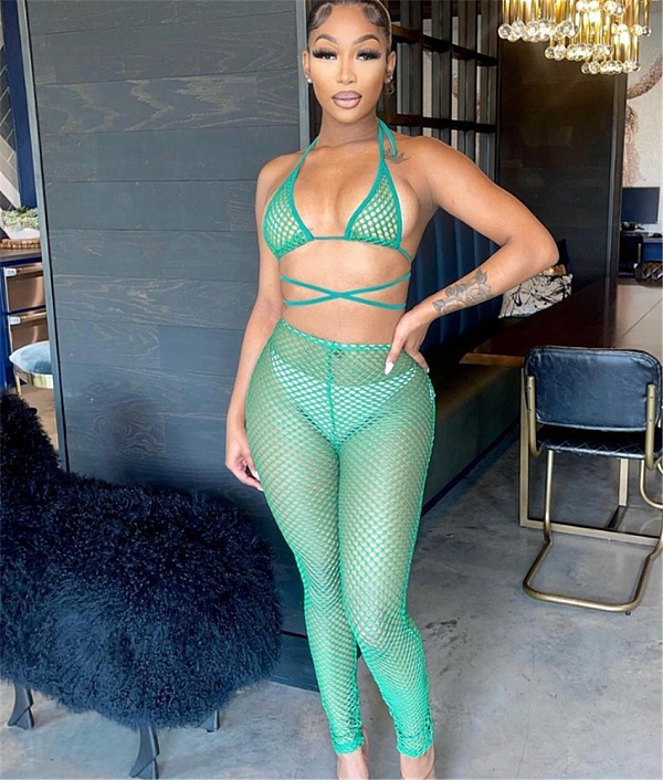 Hollow Out Mesh Beach Wear Halter Bra Pencil Pants Set ORY-5228
