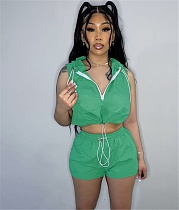 Sleeveless Hooded Pullover Crop Top+Shorts Tracksuit YS-814