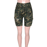 Camo Print High Waist Ripped Pockets Denim Shorts SH-390314