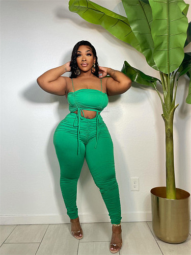 Spaghetti Strap Ruched Drawstring Crop Top Leggings Set ZAND-31211