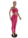 Spaghetti Strap Ruched Drawstring Crop Top Leggings Set ZAND-31211