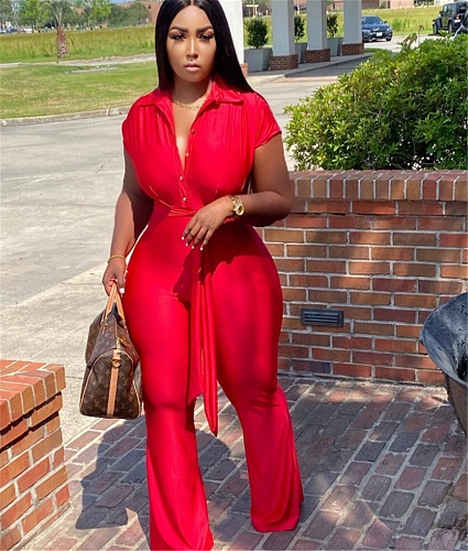 Elegant Short Sleeve Button Up Lace-Up Jumpsuit NM-8513