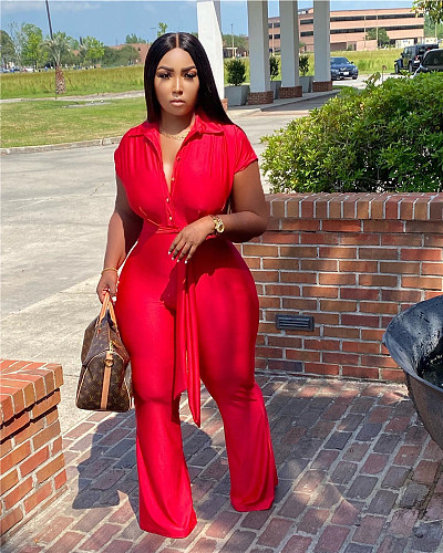 Elegant Short Sleeve Button Up Lace-Up Jumpsuit NM-8513