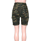 Camo Print High Waist Ripped Pockets Denim Shorts SH-390314