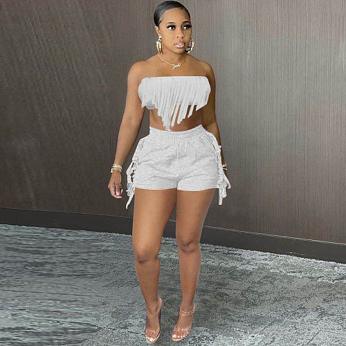 Tassel Strapless Crop Top Workout Shorts Two Piece Set OY-6359