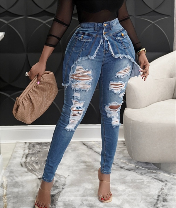 Ripped Hole Denim Jeans High Waist Skinny Pencil Pants LX-6934
