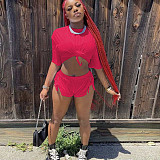 Solid Short Sleeve Crop Top Shorts Fitness Tracksuit MEM-88441