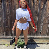 Solid Short Sleeve Crop Top Shorts Fitness Tracksuit MEM-88441