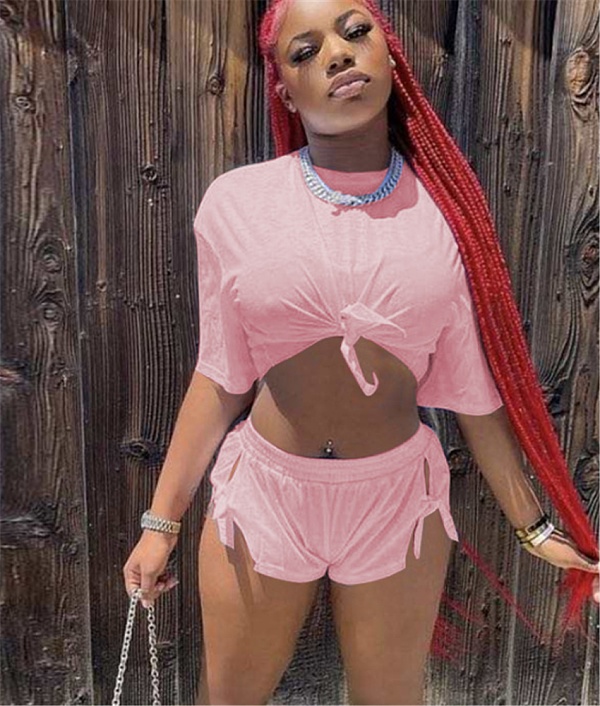 Solid Short Sleeve Crop Top Shorts Fitness Tracksuit MEM-88441