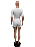 Solid Short Sleeve Crop Top Shorts Fitness Tracksuit MEM-88441