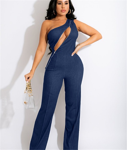 One Shoulder Sleeveless Zipper Party Club Jumpsuit WA-30888