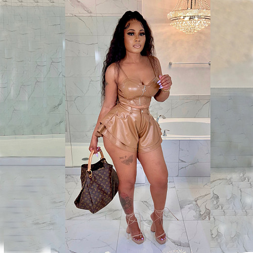 Sexy PU Leather Zipper Shorts 2 Piece Set RS-YW0615