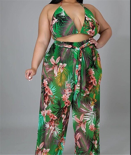 Halter Bra Crop Tops And Wide Leg Pants Suits CY-1046
