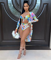 Sexy Floral Leaf Print Boho Bra Cover Up 3 Pieces Bikini Set DY-6991