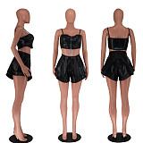 Sexy PU Leather Zipper Shorts 2 Piece Set RS-YW0615