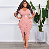 Plus Size V Neck Split Folds Maxi Dress OSS-22288