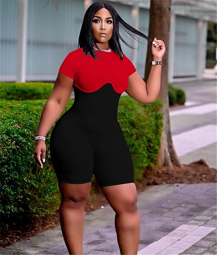 Color Block Short Sleeve Skinny High Waist Rompers HEJ-784