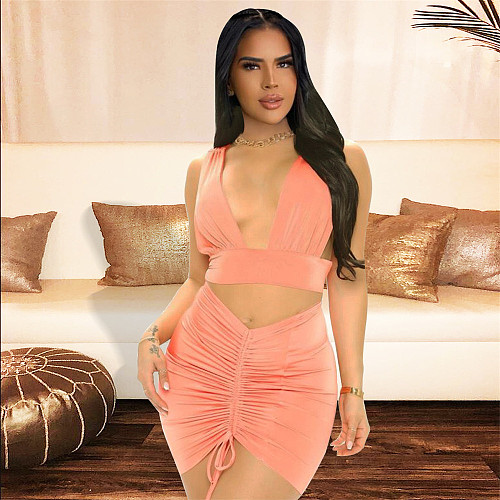 Sleeveless Deep V Crop Top Drawstring Ruched Skirt Sets JLY-19183