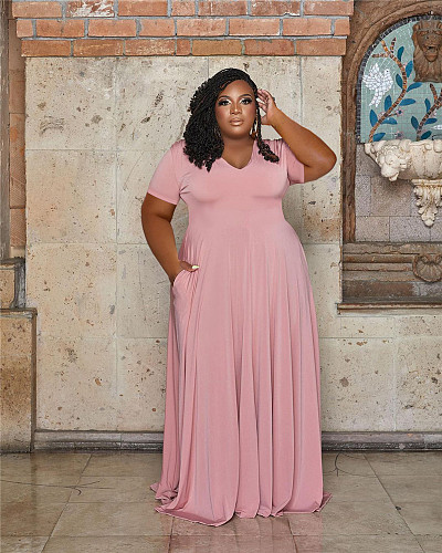 Solid V Neck Short Sleeve Loose Plus Size Dresses WA-77439