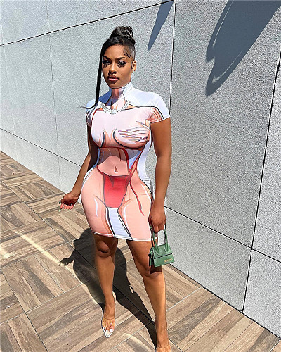 Turtleneck Short Sleeve High Waist Skinny Dress WSM-5316