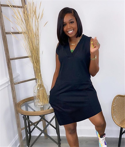 Solid Causal Sleeveless Pockets Pencil Dress JR-3617
