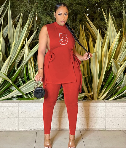 Sleeveless Side Split Top+Stretchy Pants 2 Piece Sets MUX-6102