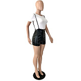White T-shirt With PU Leather Romper YNS-1808