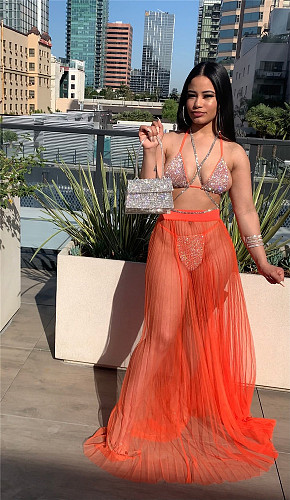 Mesh See Through Skirt Hot Drill 2 Piece Bikini Set LA-3318