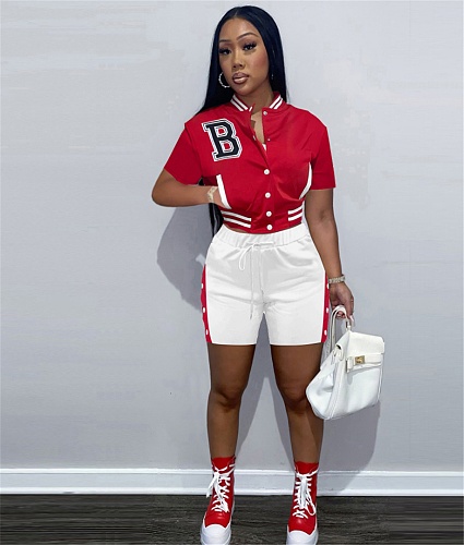 Short Sleeve Button Baseball Jacket and Shorts Set YB-60157