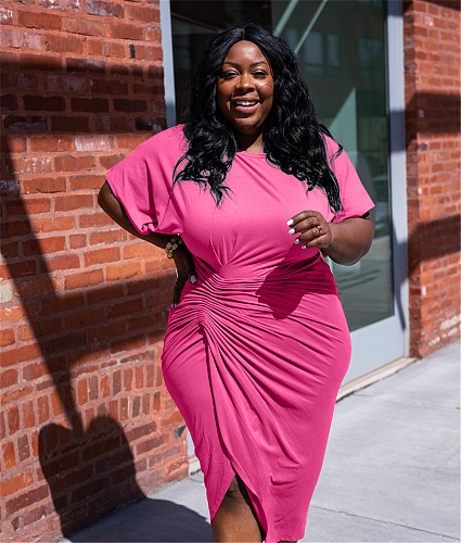 Bat Short Sleeve Ruched Irregular Plus Size Dresses YS-816