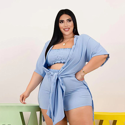 Solid Color Loose Cardigan Plus Size 3 Piece Set PINH-13286