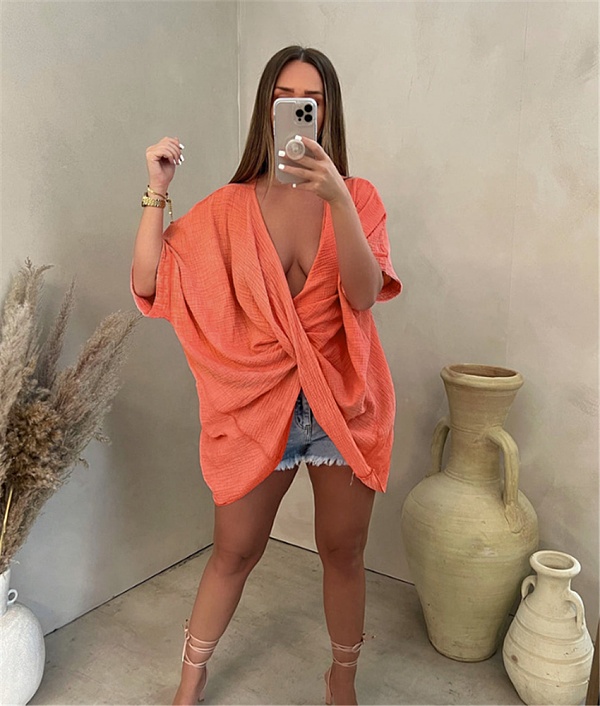 Deep V Neck Half Sleeve Loose Ruched Blouse ASL-6576