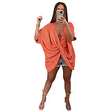 Deep V Neck Half Sleeve Loose Ruched Blouse ASL-6576