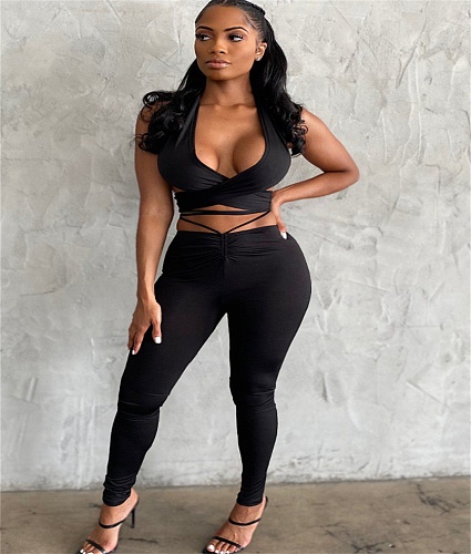 Halter Crop Top With Bandage Pants Two Piece Set YNS-1653