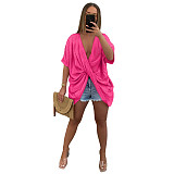 Deep V Neck Half Sleeve Loose Ruched Blouse ASL-6576