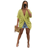 Deep V Neck Half Sleeve Loose Ruched Blouse ASL-6576