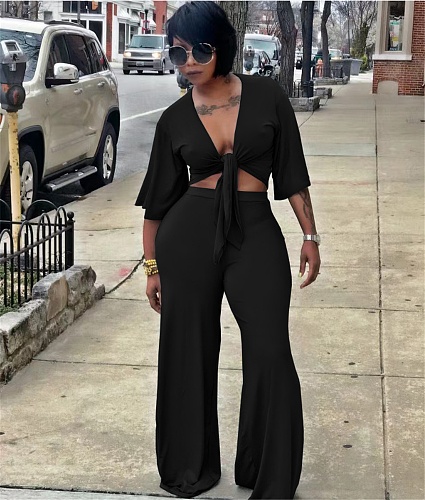 Lace Up Crop Top Wide Leg Pants Two Piece Set WA-77458