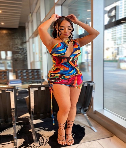 Oblique Shoulder Print Mini Dresses YNS-1636