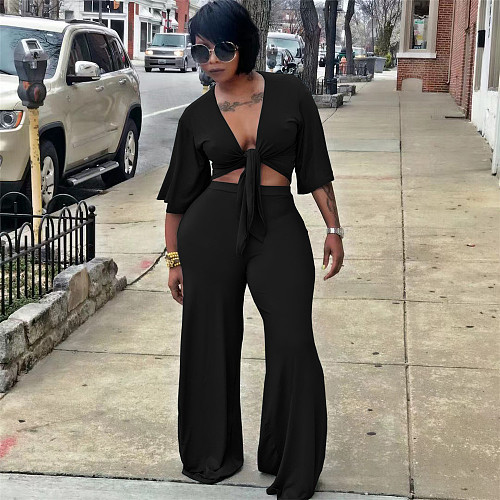 Lace Up Crop Top Wide Leg Pants Two Piece Set WA-77458