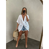 Deep V Neck Half Sleeve Loose Ruched Blouse ASL-6576