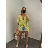 Deep V Neck Half Sleeve Loose Ruched Blouse ASL-6576