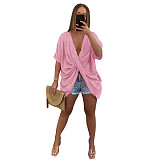 Deep V Neck Half Sleeve Loose Ruched Blouse ASL-6576