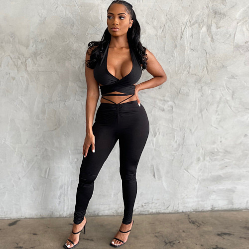 Halter Crop Top With Bandage Pants Two Piece Set YNS-1653