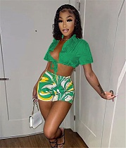 Lace Up Crop Top Shirt Print Shorts Casual Suit MEM-88443